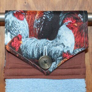 CHICKEN ROOSTER BROWN & BLUE HANDMADE HANGING KITCHEN HAND TOWEL COTTON TOWEL